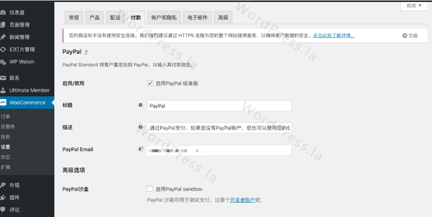 启用PayPal标准版