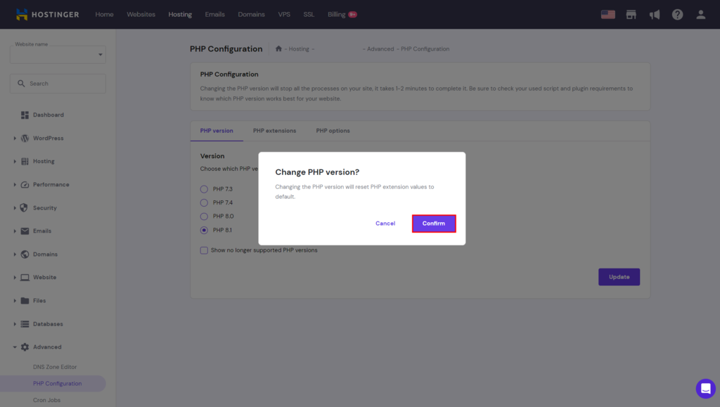 Hostinger主机升级PHP教程