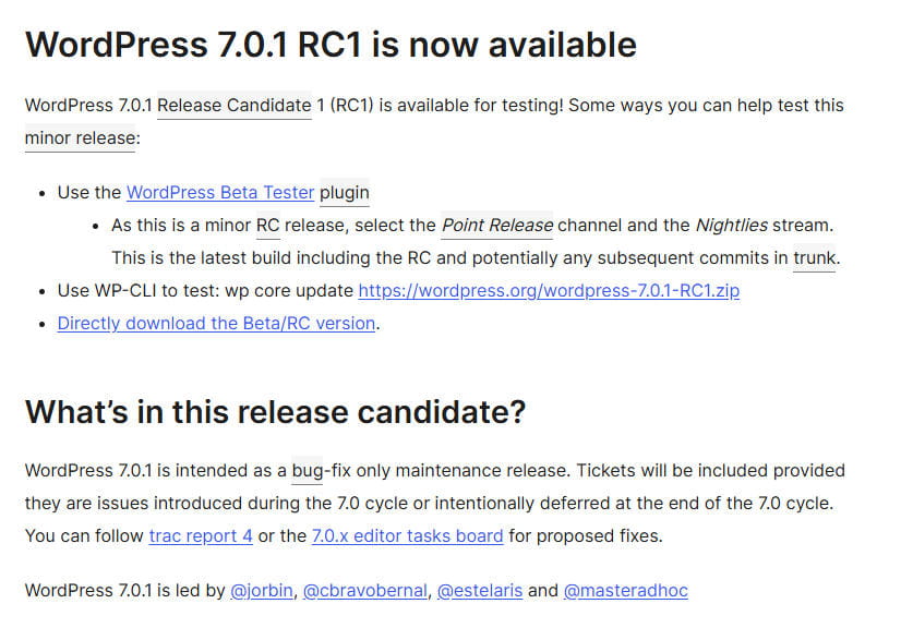 WordPress 7.0.1 RC1
